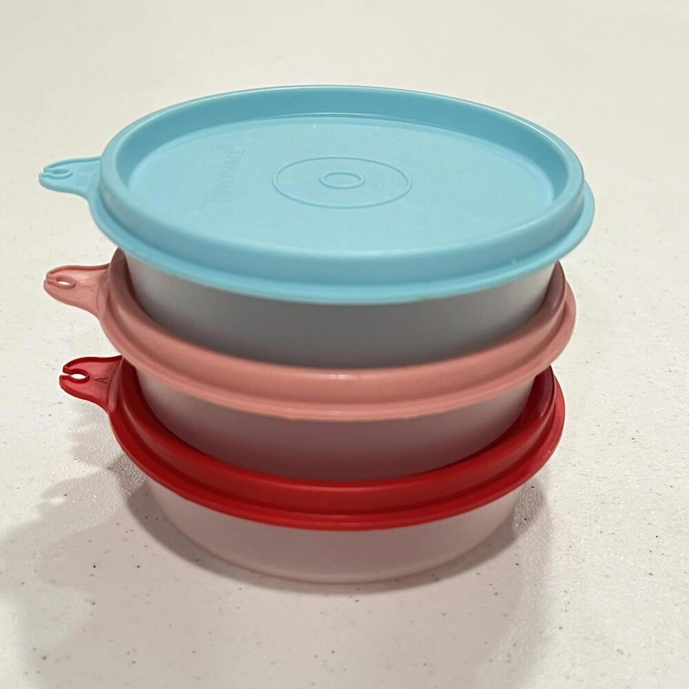 Set 3 Tupperware Little Wonders Snack Cup Bowl 1286 215 lids Red Pink Aqua Blue